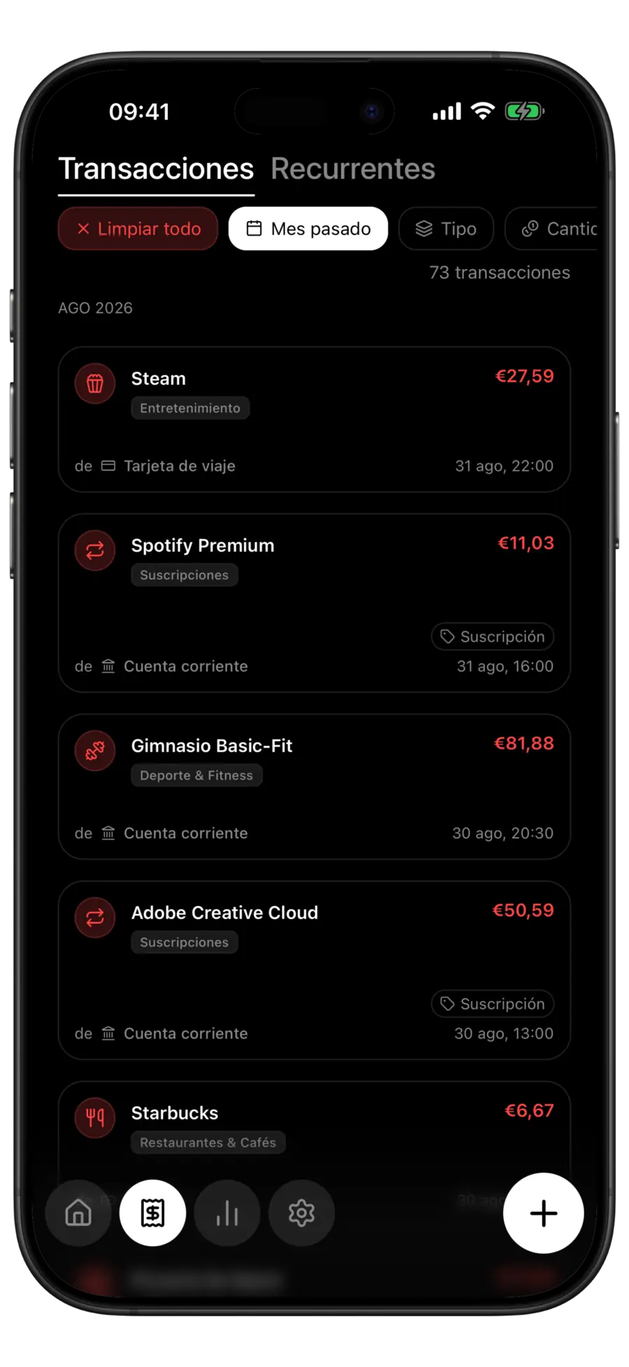 Lista de transacciones de Budgie filtrada por «Mes pasado», con el chip activo y 73 transacciones coincidentes