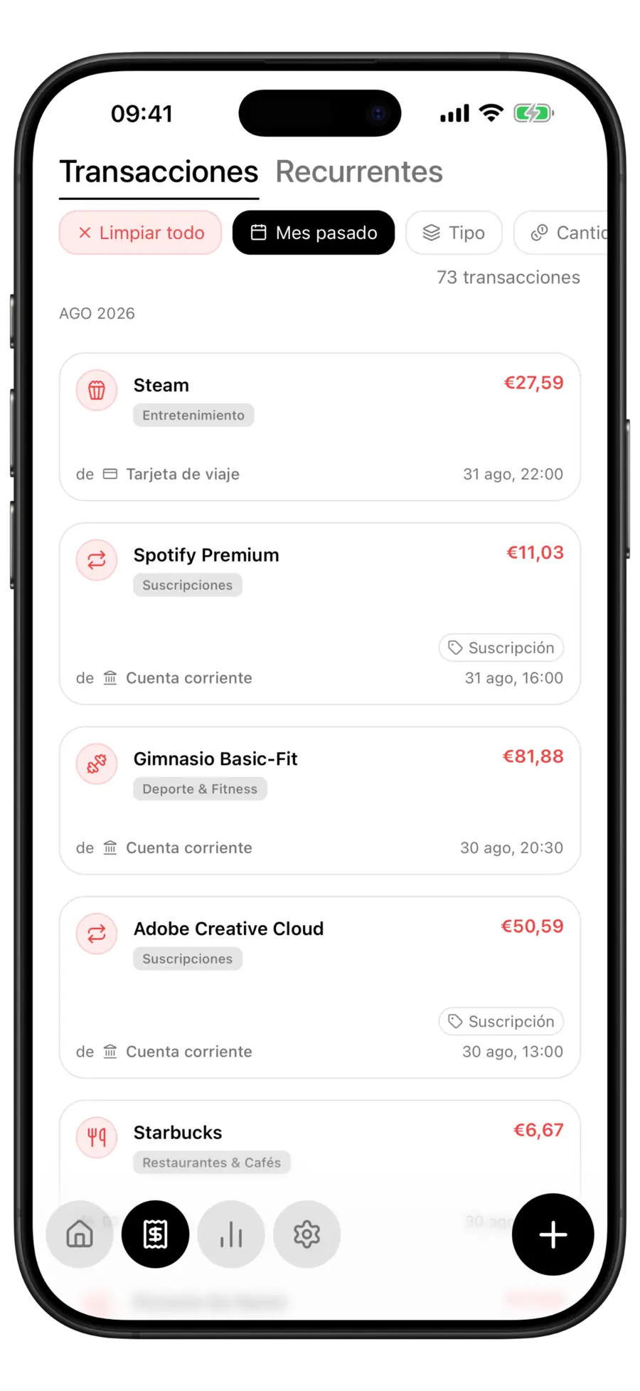 Lista de transacciones de Budgie filtrada por «Mes pasado», con el chip activo y 73 transacciones coincidentes