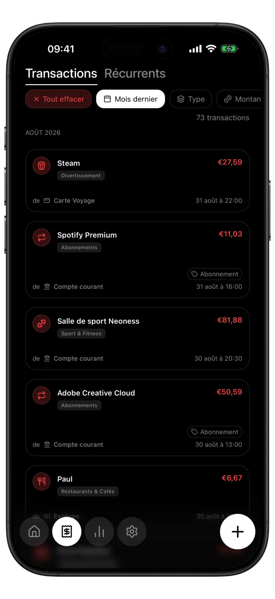 Liste des transactions Budgie filtrée sur « Mois dernier », avec la puce active et 73 transactions correspondantes
