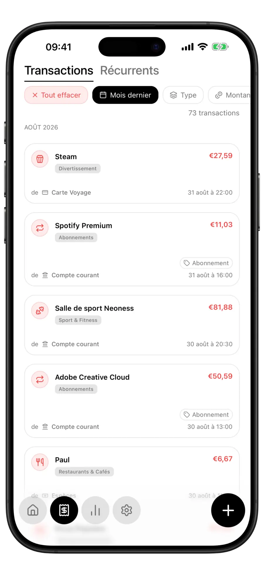 Liste des transactions Budgie filtrée sur « Mois dernier », avec la puce active et 73 transactions correspondantes
