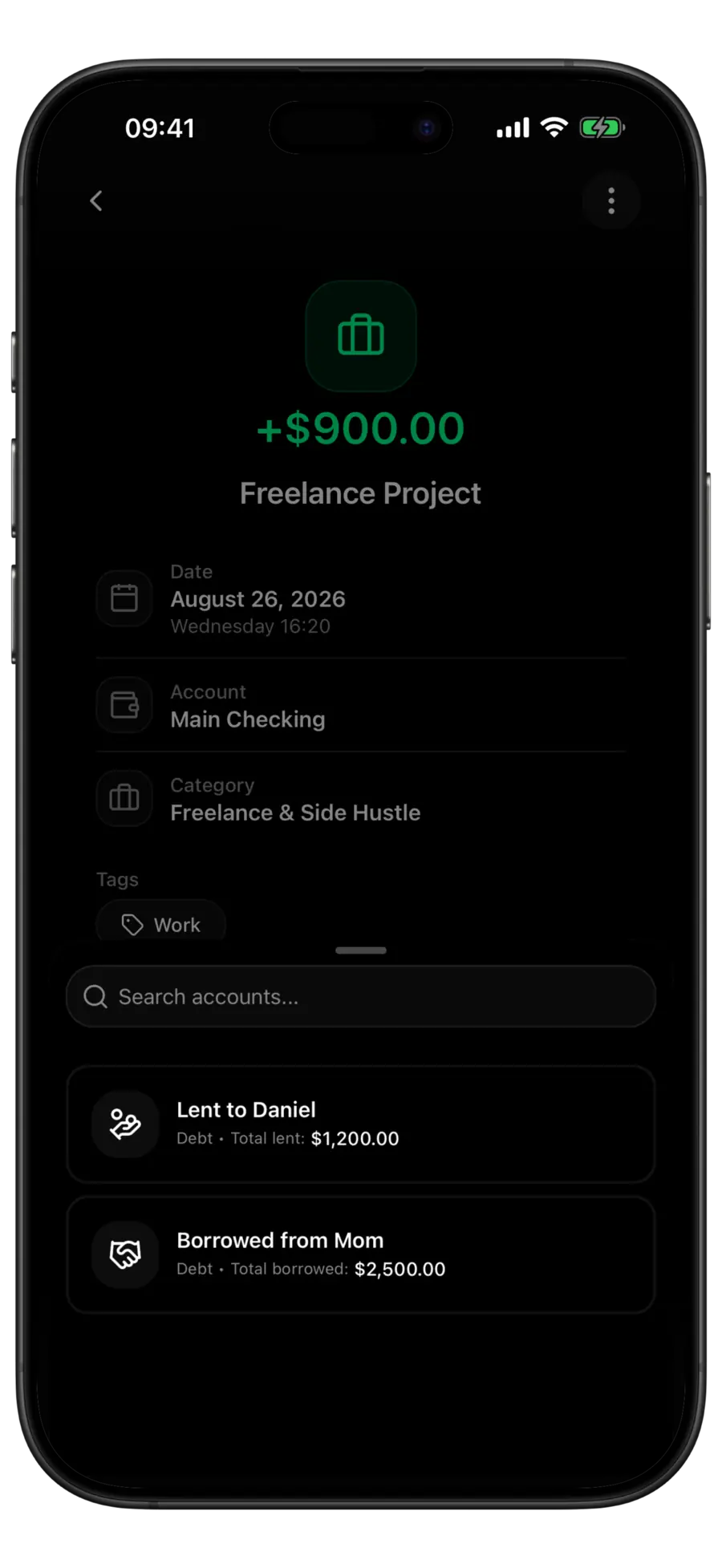 Budgie income transaction screen with a debt picker listing a lent debt and a borrowed debt