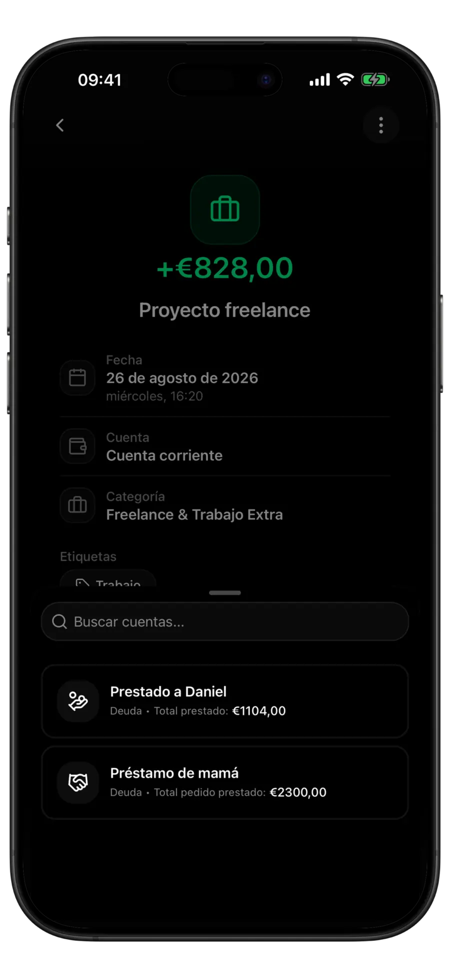 Pantalla de un ingreso en Budgie con el selector de deudas mostrando una deuda prestada y una recibida