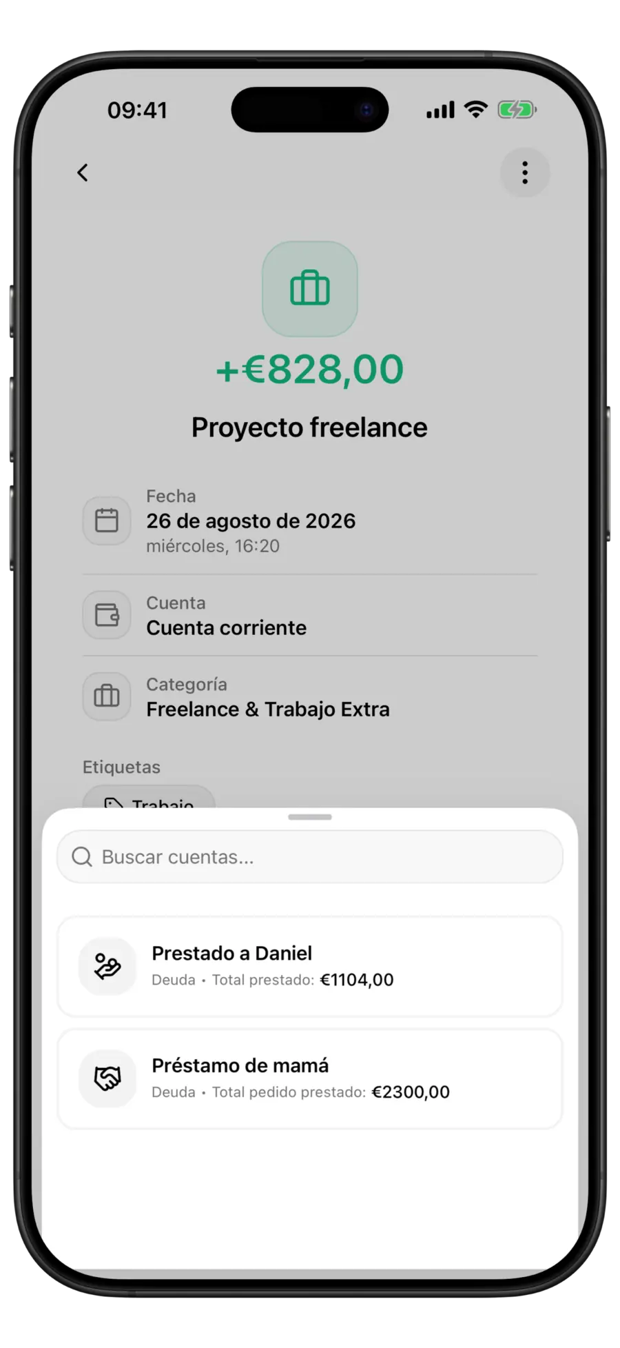 Pantalla de un ingreso en Budgie con el selector de deudas mostrando una deuda prestada y una recibida