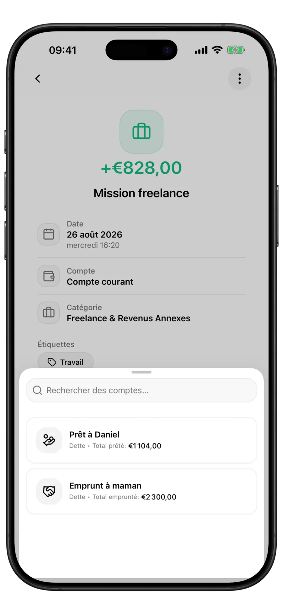 Écran d’un revenu dans Budgie avec le sélecteur de dettes affichant une dette prêtée et une dette empruntée
