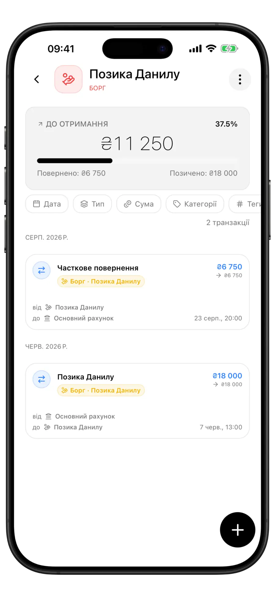 Екран боргу в Budgie: сума до отримання, відсоток повернення, а також скільки повернено і скільки позичено загалом