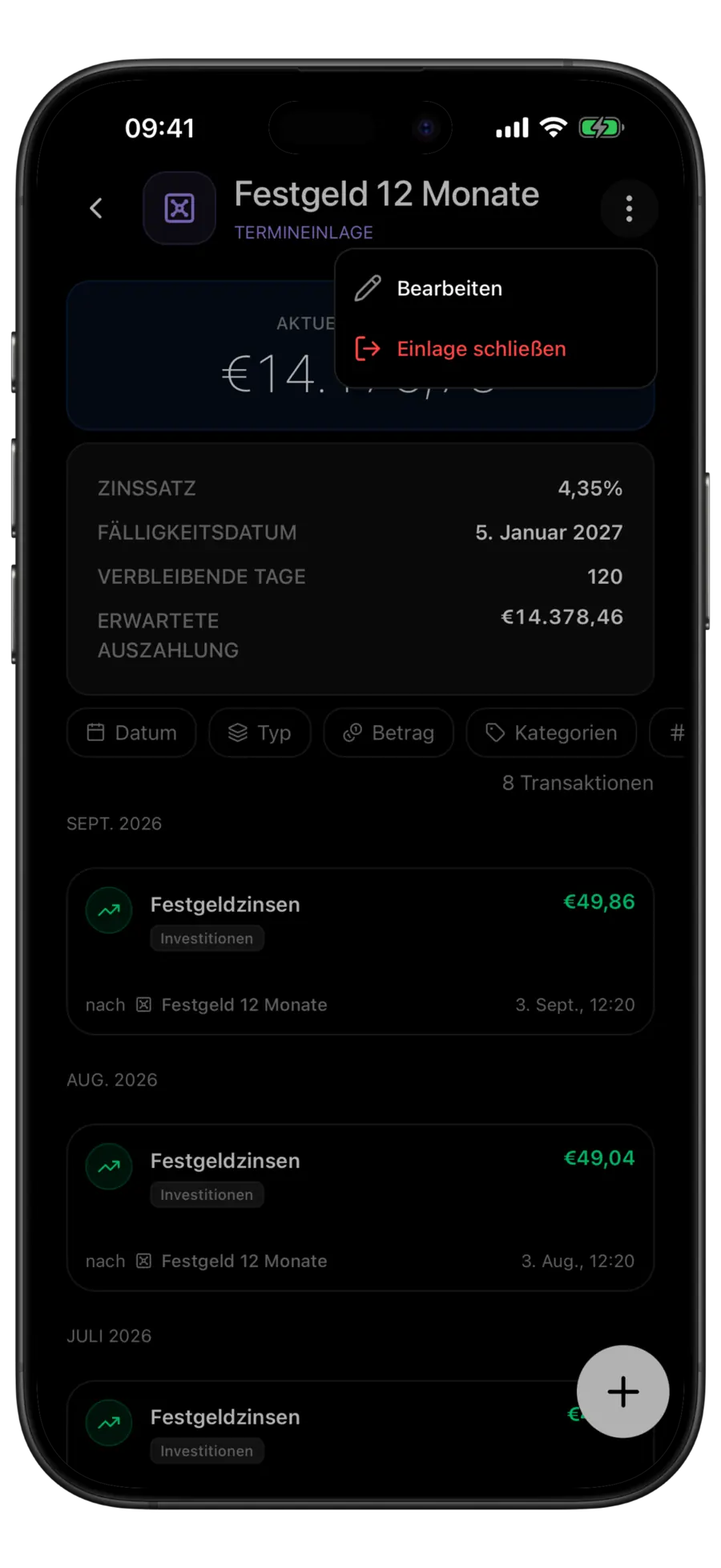 Budgie-Kontoansicht einer Festanlage mit geöffnetem Kontomenü und den Aktionen „Bearbeiten“ und „Festanlage schließen“