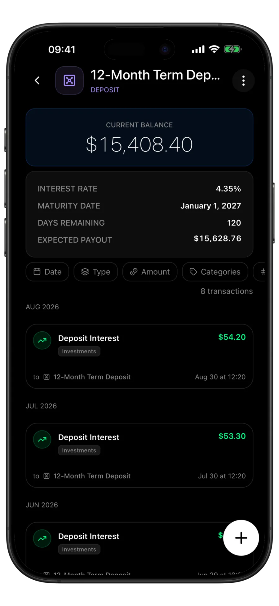 Budgie deposit account screen showing a $15,408.40 balance, a 4.35% interest rate, a January 1, 2027 maturity date, 120 days remaining and a $15,628.76 expected payout