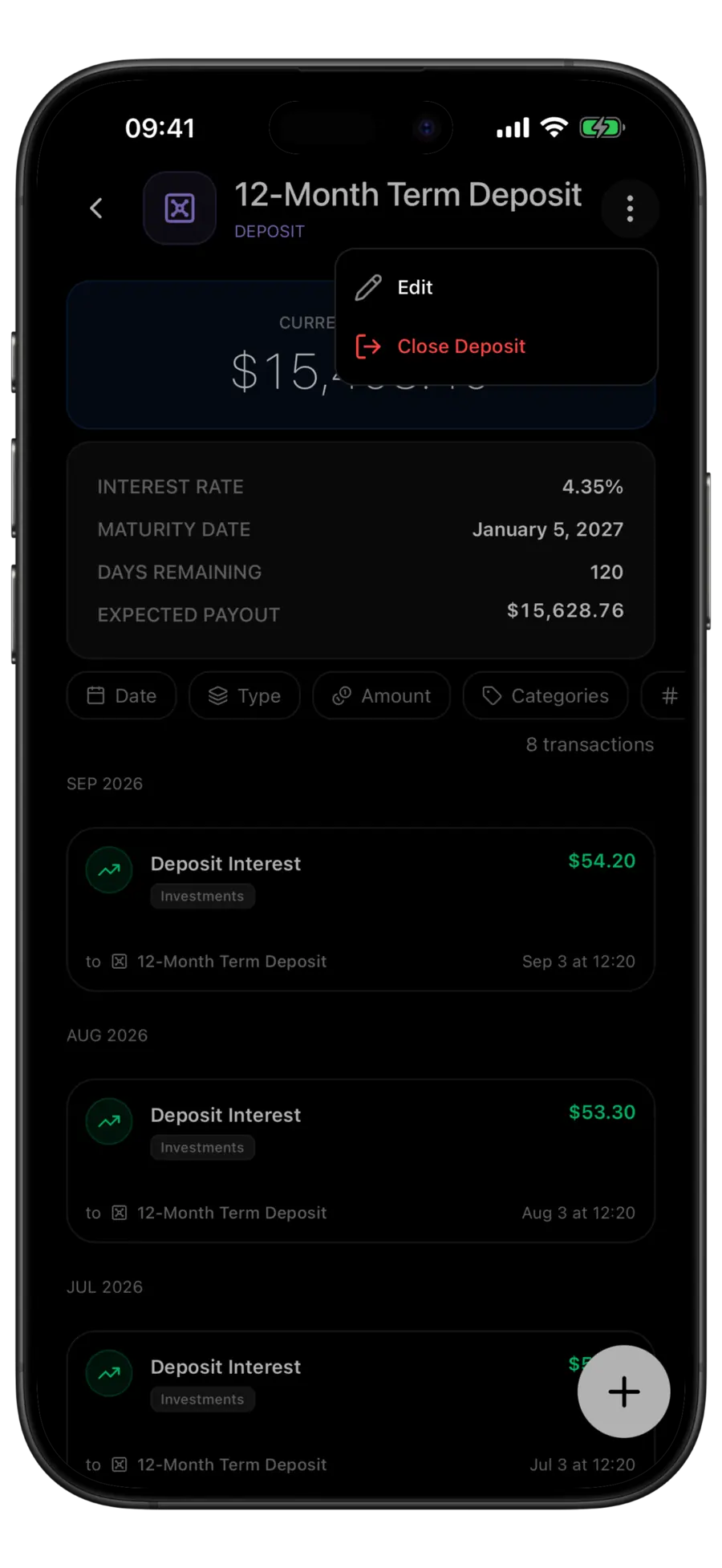Budgie deposit account screen with the account menu open showing the Edit and Close Deposit actions