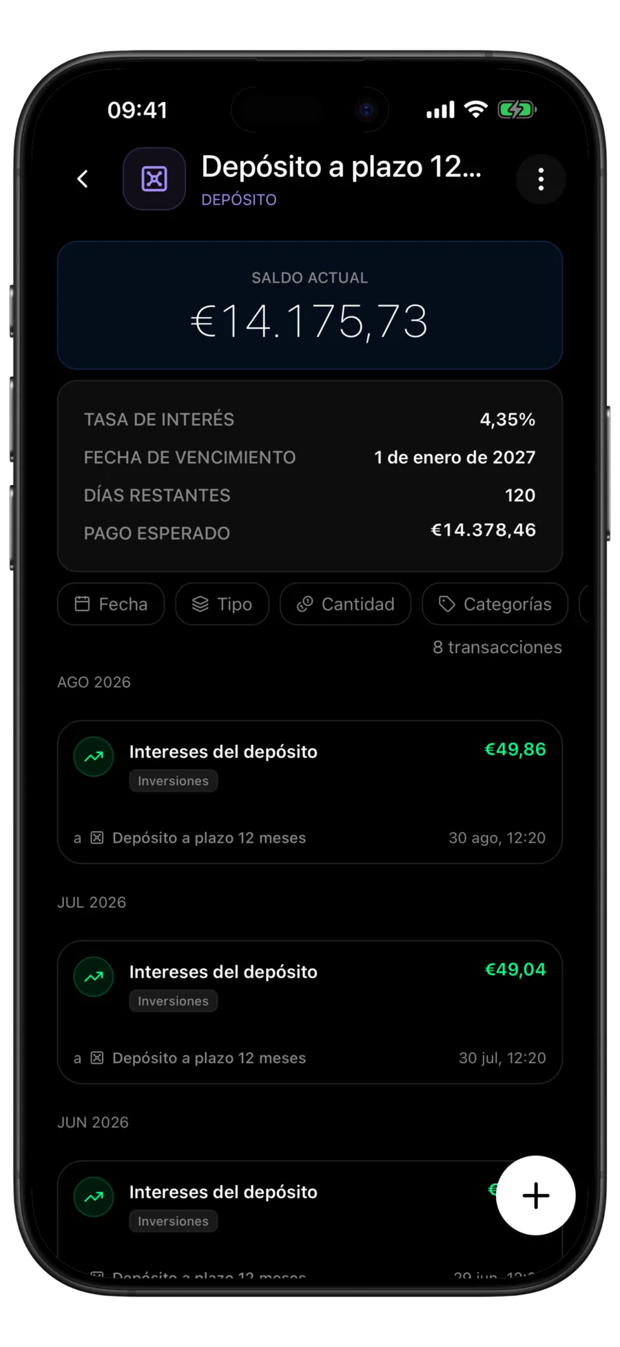 Pantalla de la cuenta de depósito de Budgie con un saldo de 15.408,40 $, una tasa de interés del 4,35 %, una fecha de vencimiento del 1 de enero de 2027, 120 días restantes y un pago esperado de 15.628,76 $
