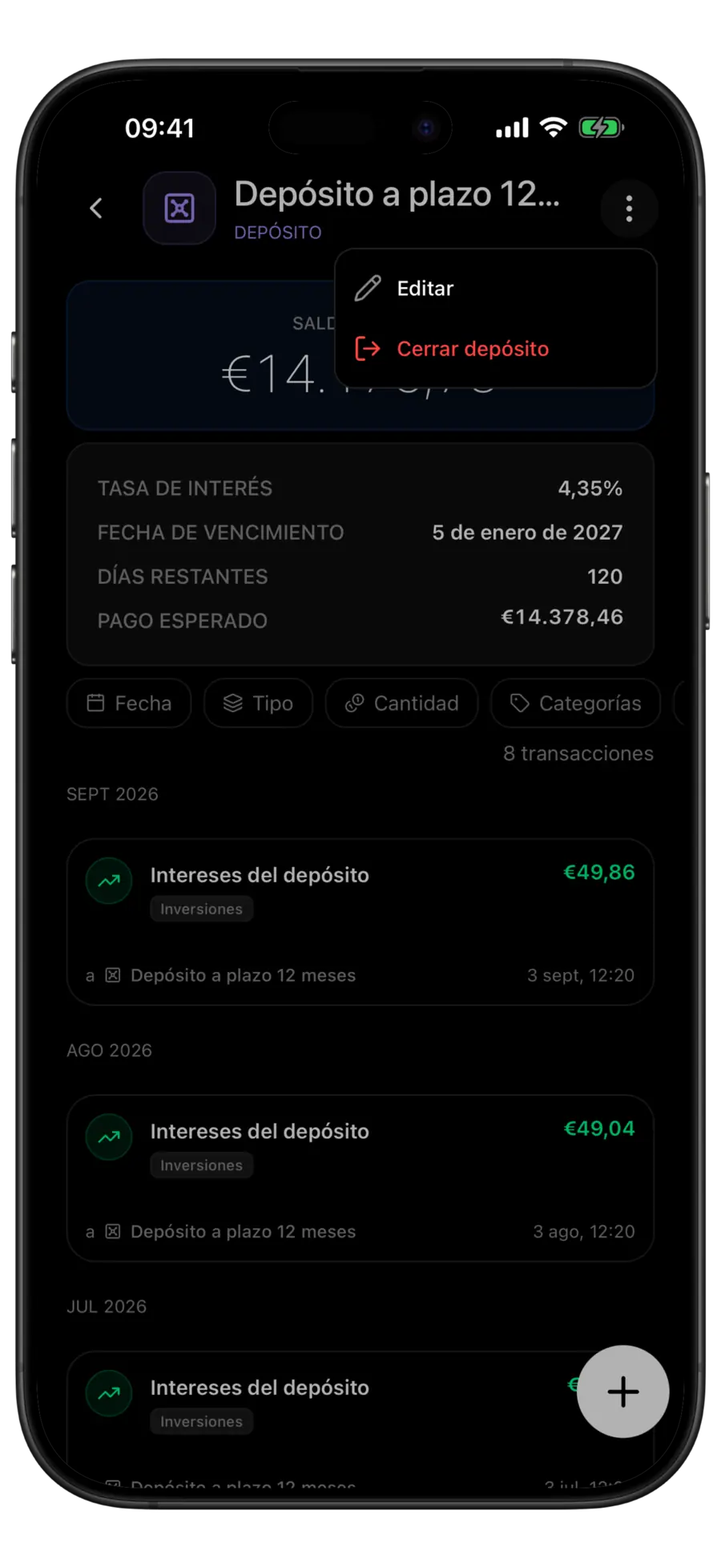 Pantalla de la cuenta de depósito de Budgie con el menú de la cuenta abierto mostrando las acciones Editar y Cerrar depósito