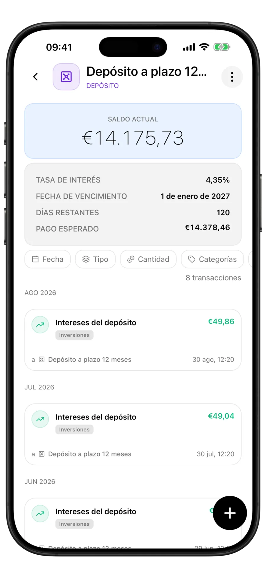 Pantalla de la cuenta de depósito de Budgie con un saldo de 15.408,40 $, una tasa de interés del 4,35 %, una fecha de vencimiento del 1 de enero de 2027, 120 días restantes y un pago esperado de 15.628,76 $