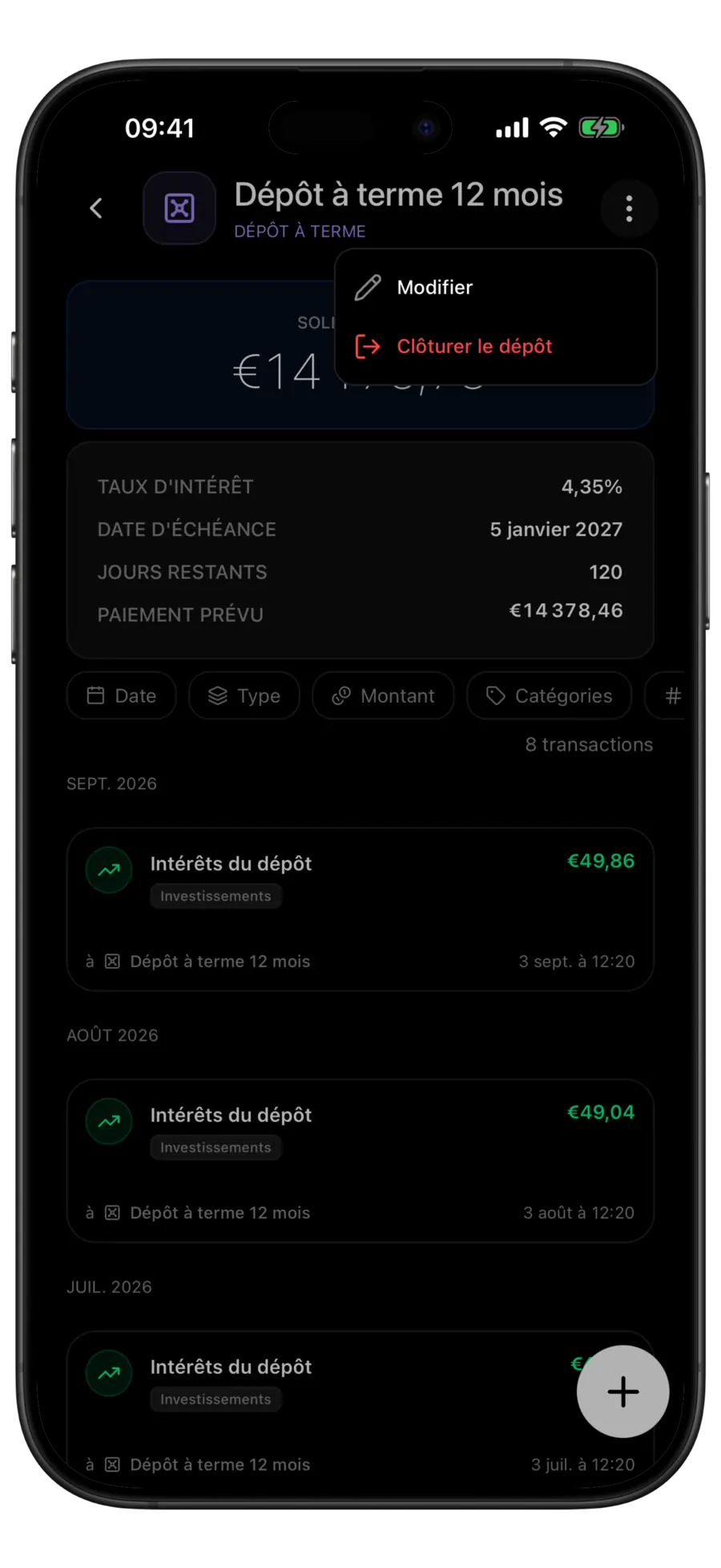 Écran du compte de dépôt Budgie avec le menu du compte ouvert montrant les actions Modifier et Clôturer le dépôt