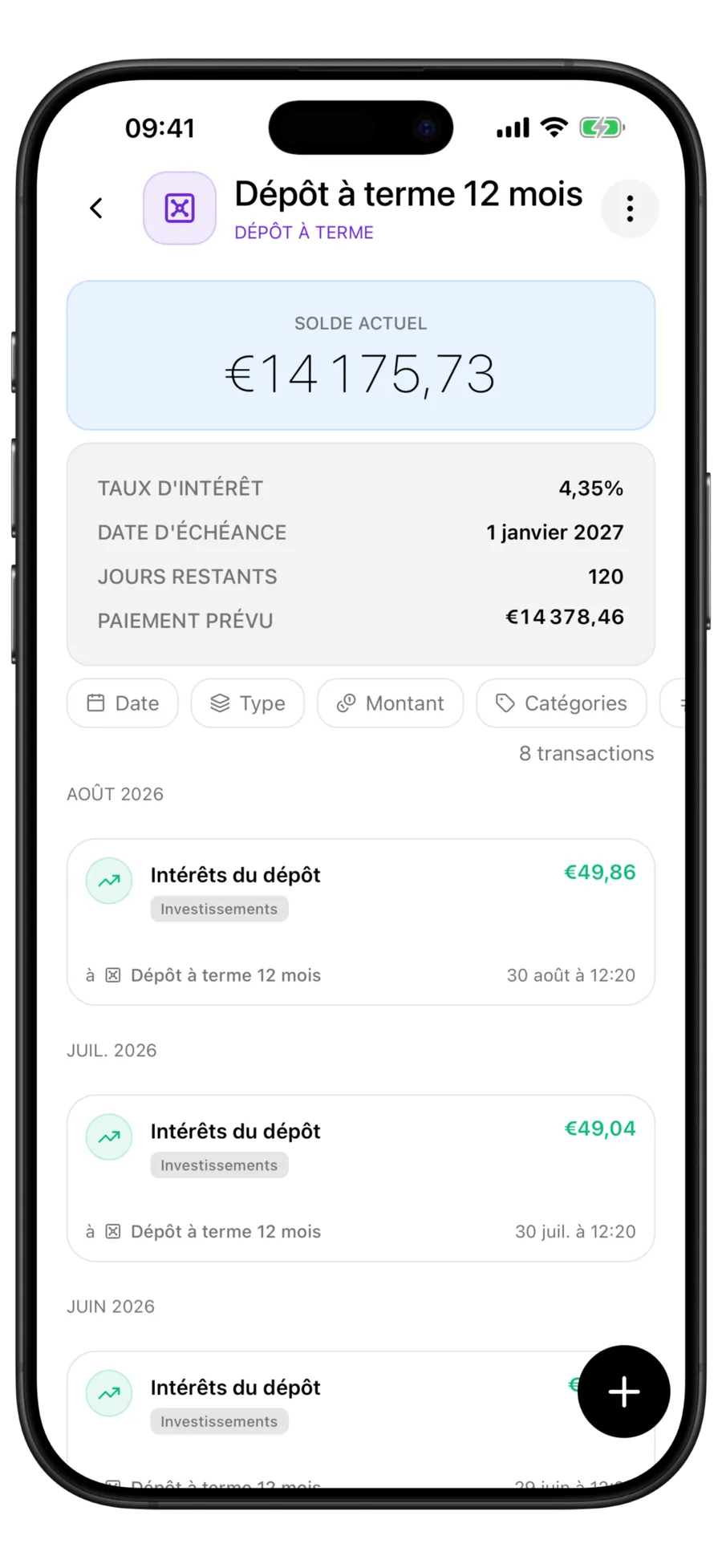 Écran du compte de dépôt Budgie avec un solde de 15 408,40 $, un taux d'intérêt de 4,35 %, une date d'échéance au 1er janvier 2027, 120 jours restants et un versement attendu de 15 628,76 $