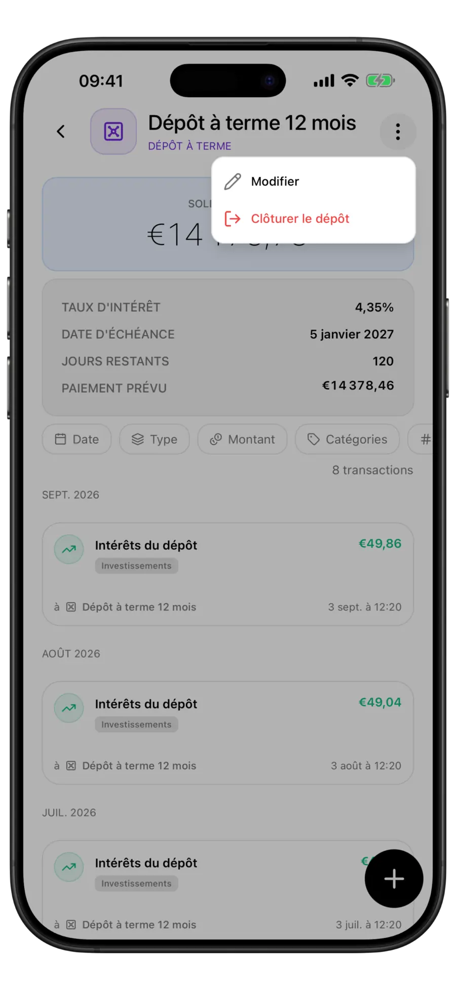 Écran du compte de dépôt Budgie avec le menu du compte ouvert montrant les actions Modifier et Clôturer le dépôt
