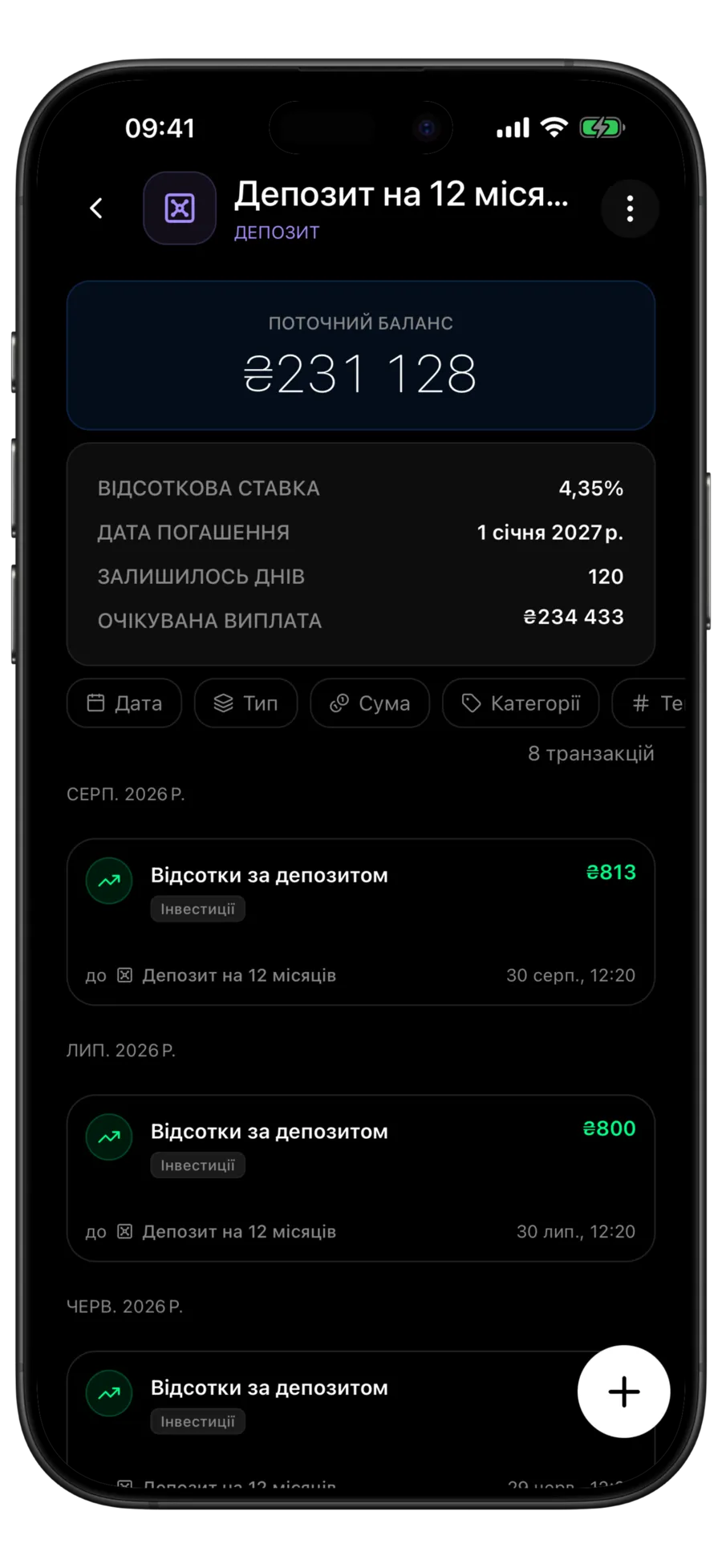 Екран вкладу Budgie із балансом 15 408,40 $, відсотковою ставкою 4,35 %, датою погашення 1 січня 2027 року, 120 днями, що залишились, та очікуваною виплатою 15 628,76 $