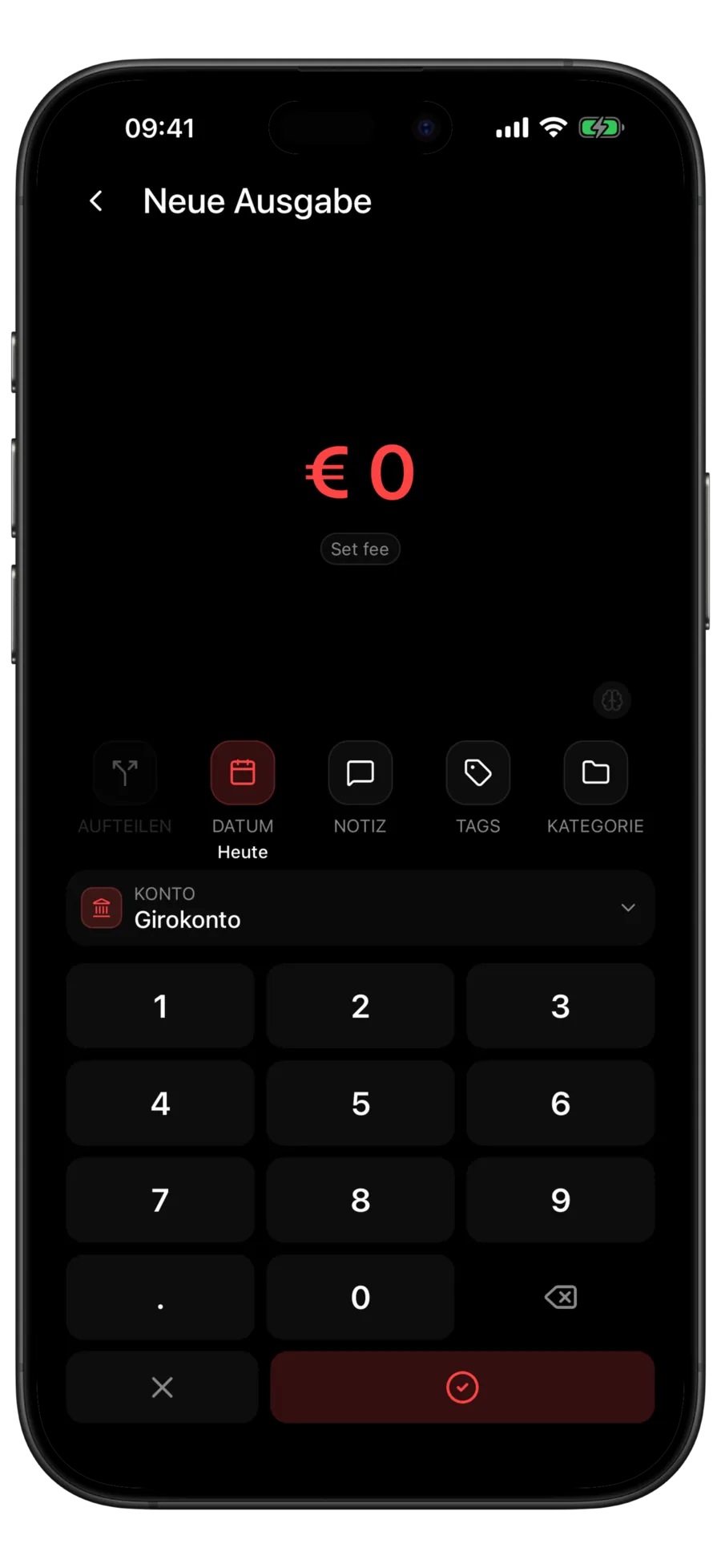Budgie-Bildschirm „Neue Ausgabe“ mit geöffnetem Zahlenfeld und vorausgewähltem Konto Main Checking