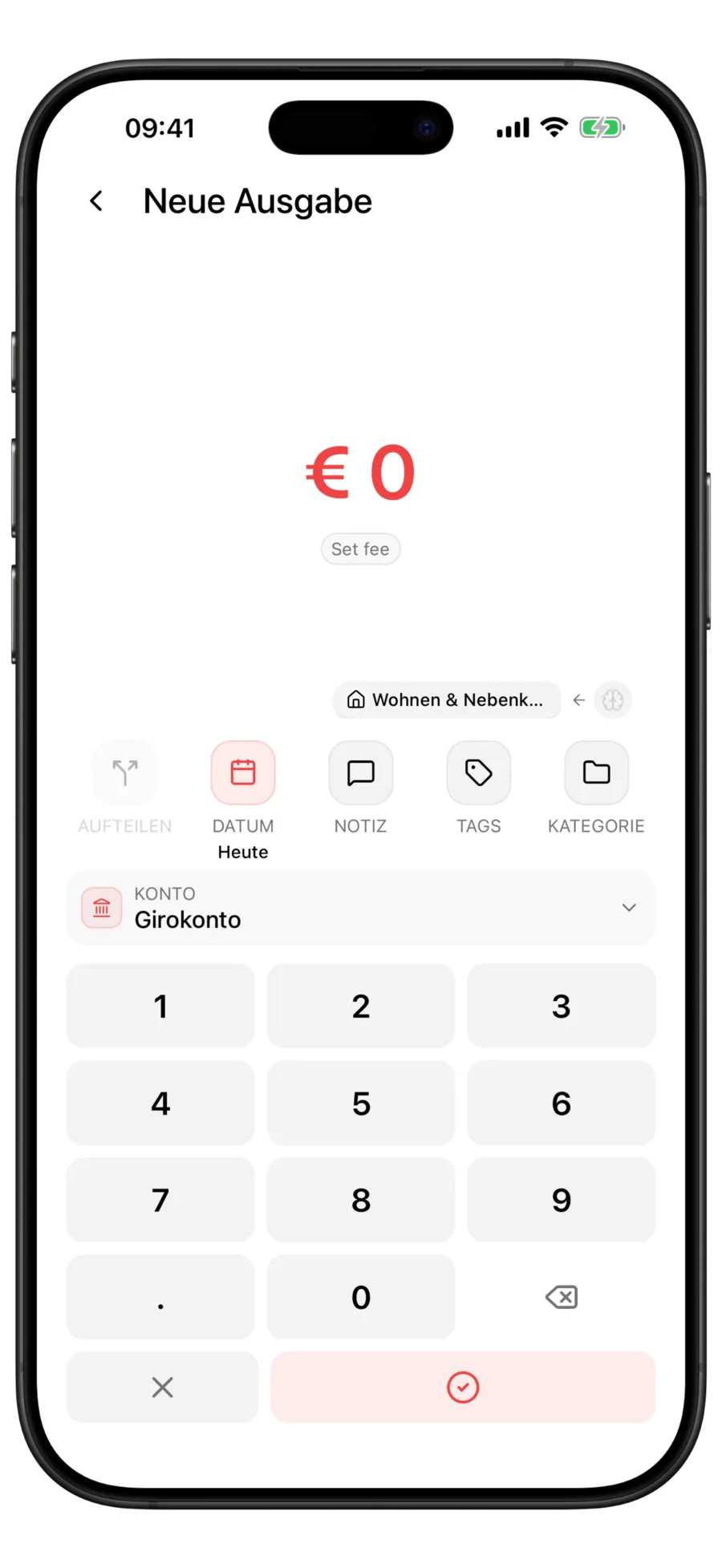 Budgie-Bildschirm „Neue Ausgabe“ mit geöffnetem Zahlenfeld und vorausgewähltem Konto Main Checking