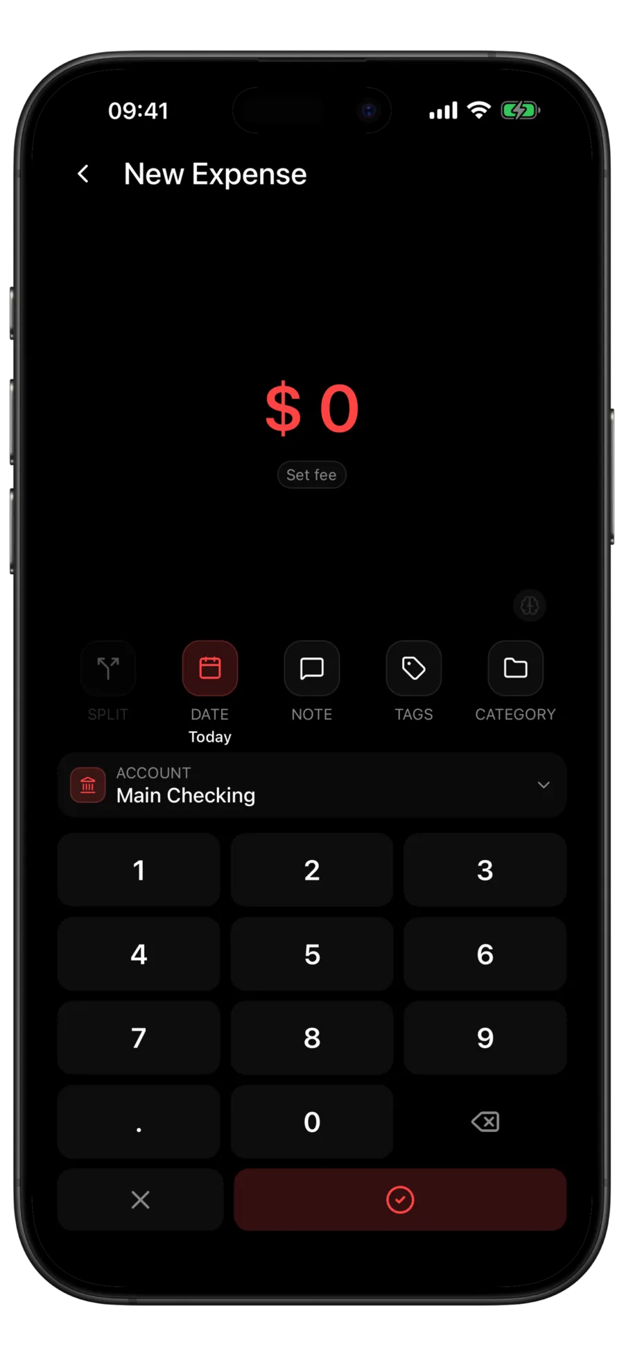 Budgie New Expense screen with the amount keypad open and Main Checking preselected as the account