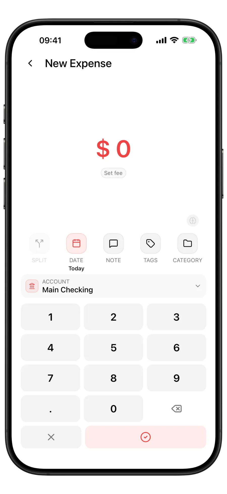 Budgie New Expense screen with the amount keypad open and Main Checking preselected as the account