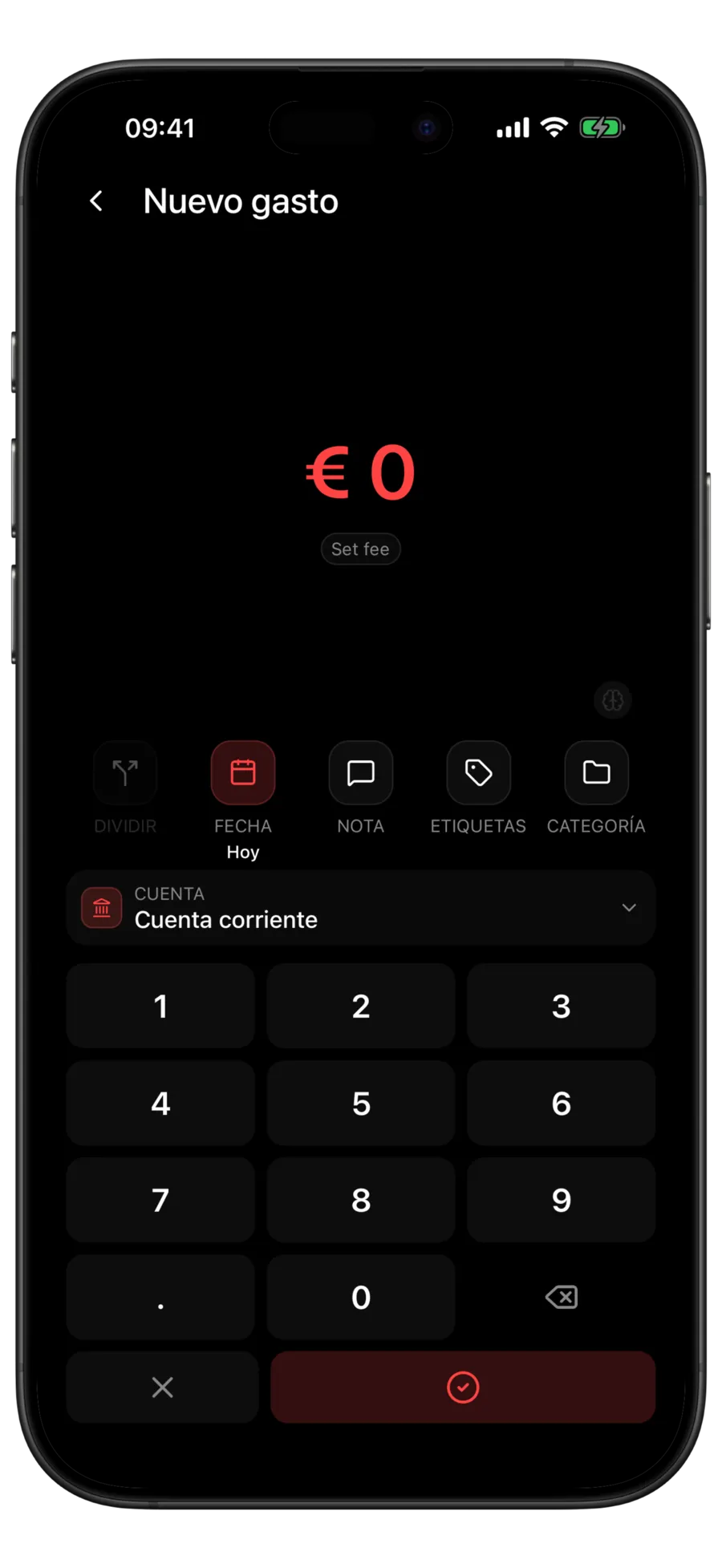 Pantalla de nuevo gasto de Budgie con el teclado numérico abierto y la cuenta Main Checking preseleccionada
