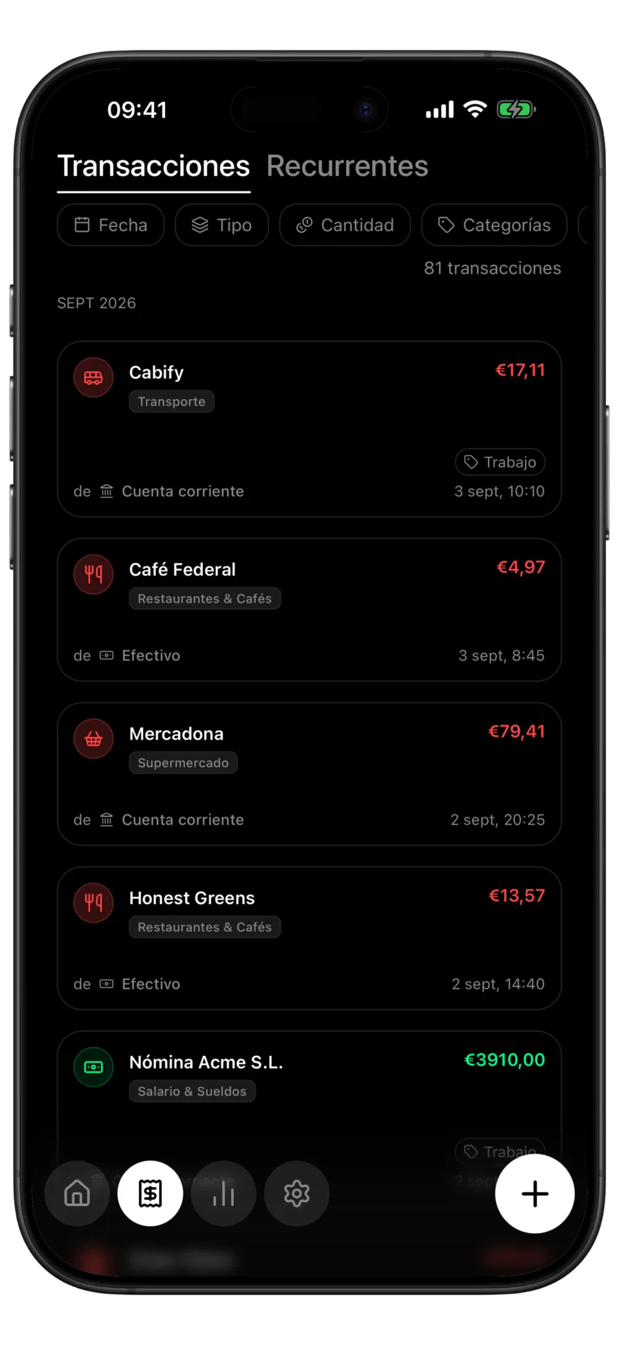 Lista de transacciones de Budgie en modo oscuro con fondo negro sólido e importes en rojo y verde intensos