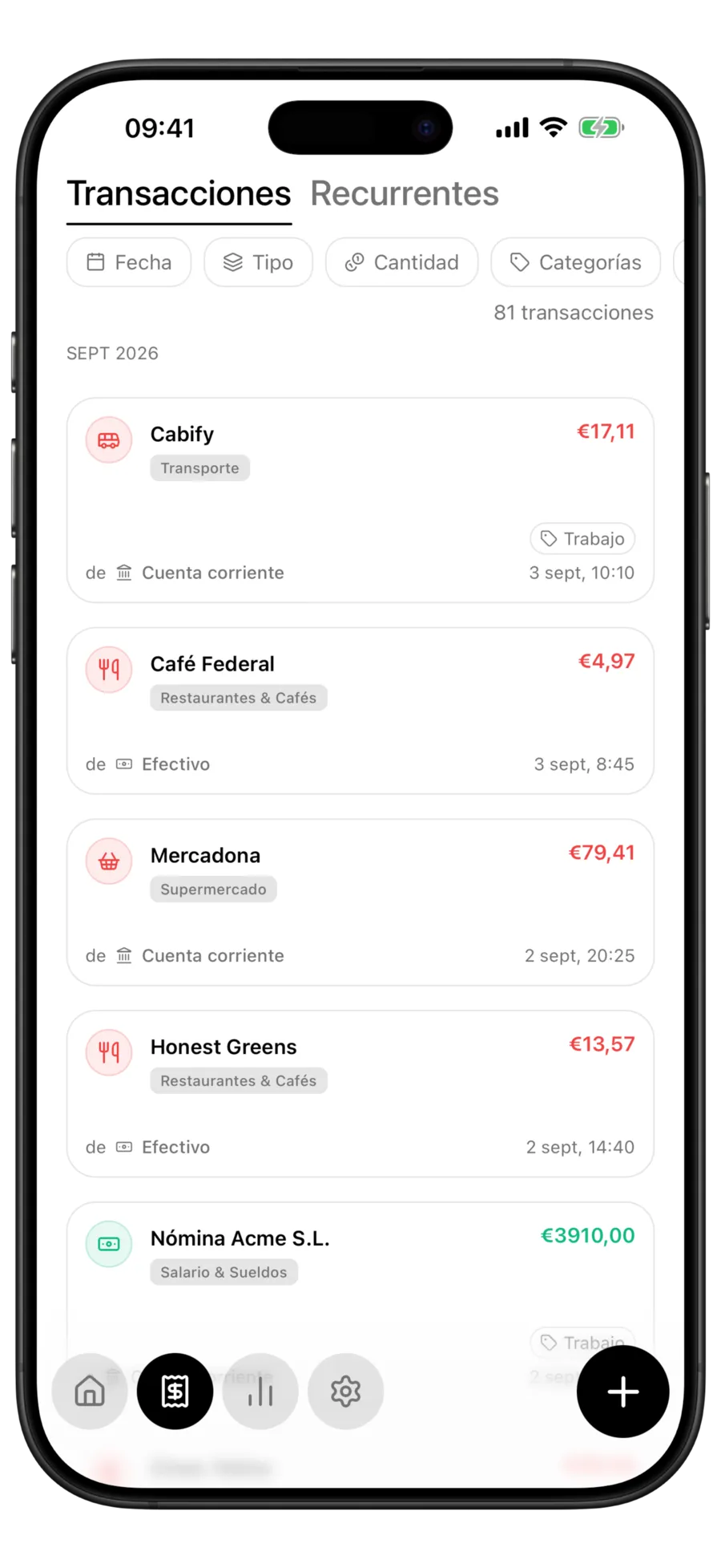 Lista de transacciones de Budgie en modo oscuro con fondo negro sólido e importes en rojo y verde intensos