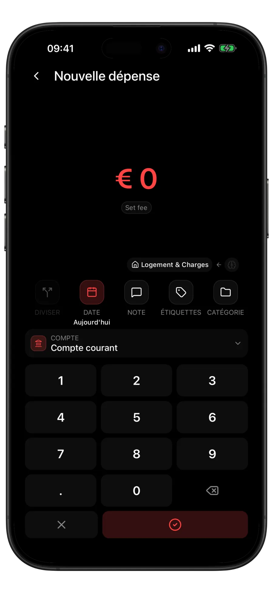 Écran Nouvelle dépense de Budgie avec le pavé numérique ouvert et le compte Main Checking présélectionné