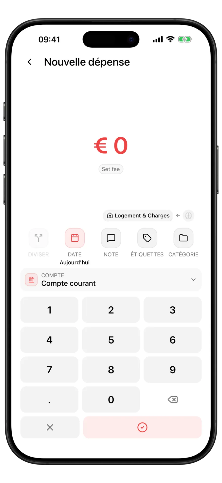 Écran Nouvelle dépense de Budgie avec le pavé numérique ouvert et le compte Main Checking présélectionné