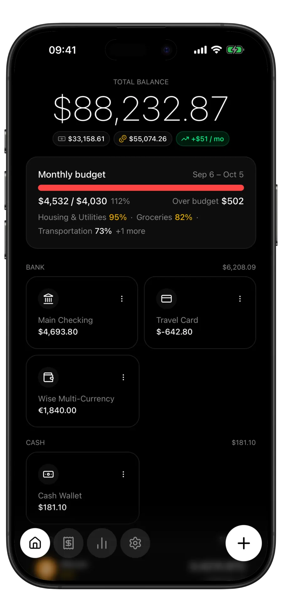 Budgie showing a total balance, a monthly budget bar and bank, cash and savings accounts on one screen