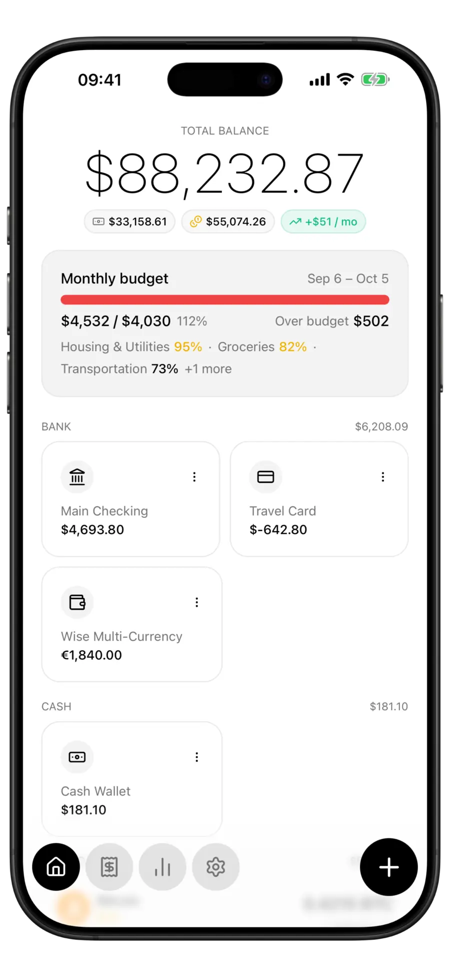 Budgie showing a total balance, a monthly budget bar and bank, cash and savings accounts on one screen