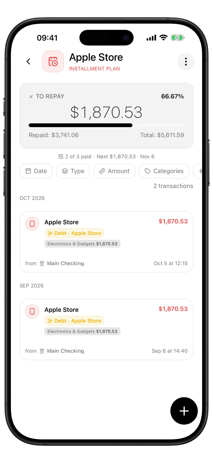 Budgie installment plan screen with the amount left to pay, two of three payments paid and the next payment