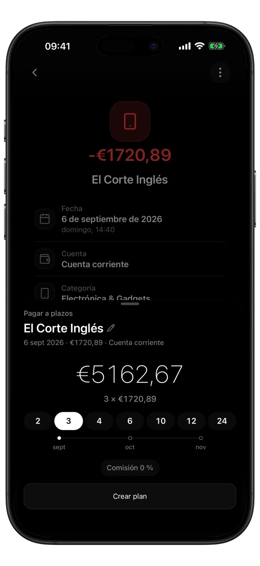 Ventana «Pagar a plazos» de Budgie con tres cuotas elegidas, el total del plan y la línea de cuotas