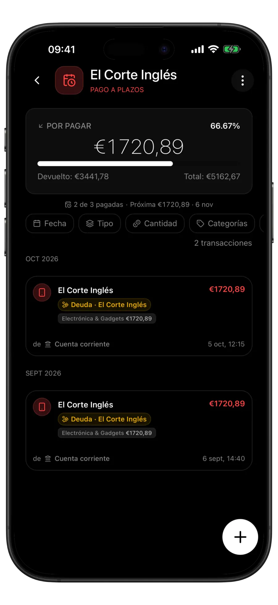 Pantalla de un plan a plazos en Budgie con lo pendiente, dos de tres cuotas pagadas y la siguiente cuota