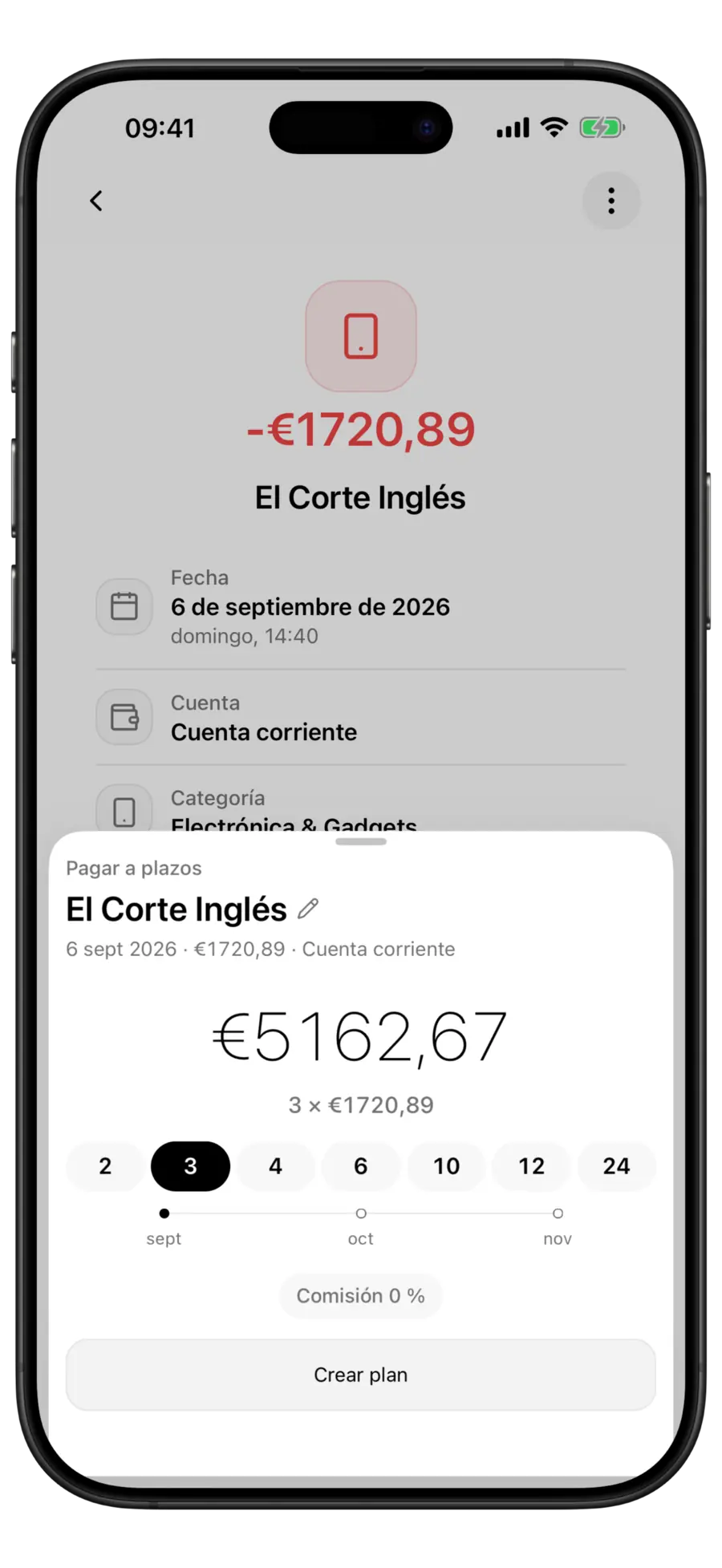 Ventana «Pagar a plazos» de Budgie con tres cuotas elegidas, el total del plan y la línea de cuotas