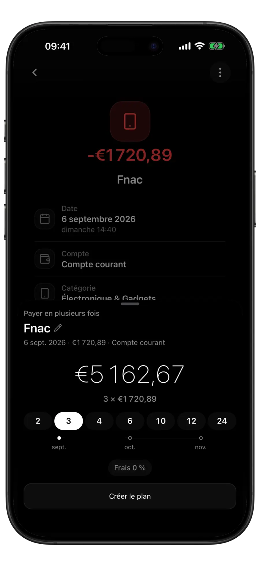 Fenêtre « Payer en plusieurs fois » de Budgie avec trois échéances, le total du plan et la frise des échéances