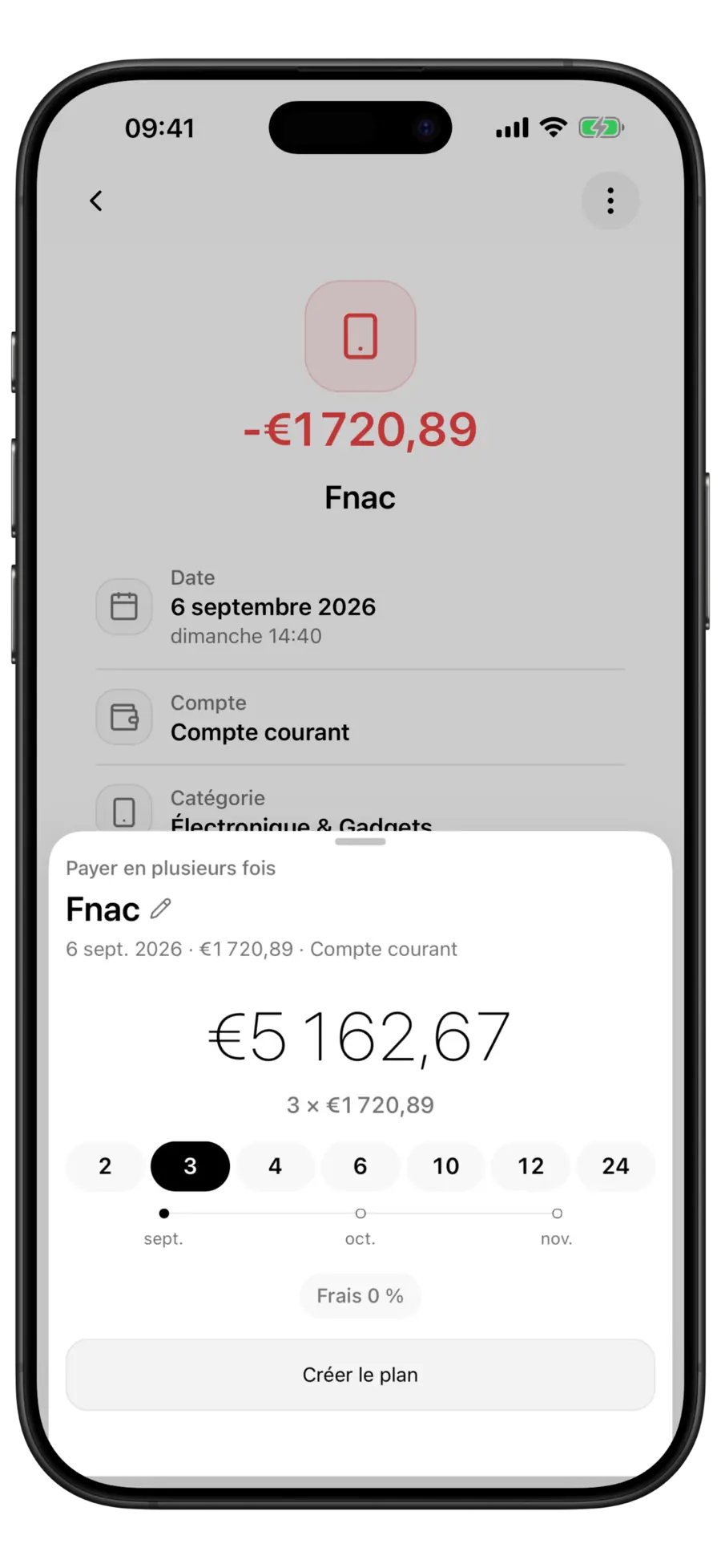Fenêtre « Payer en plusieurs fois » de Budgie avec trois échéances, le total du plan et la frise des échéances