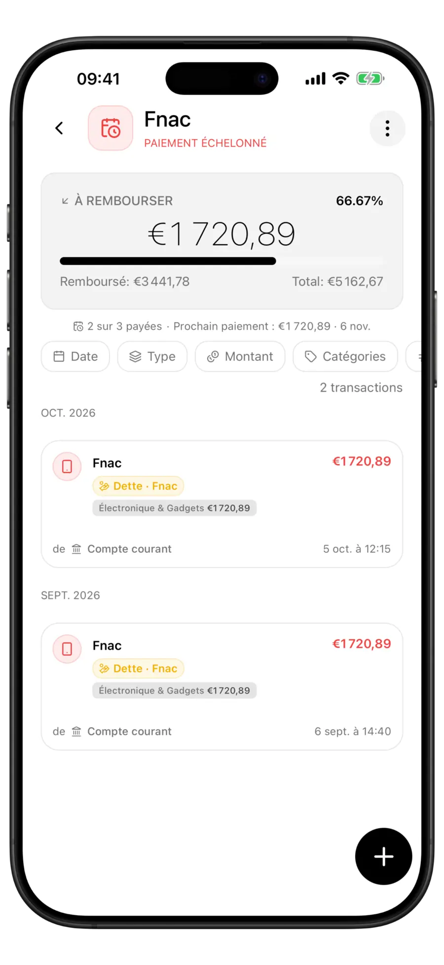 Écran d’un plan de paiement dans Budgie : reste à payer, deux échéances sur trois payées et prochaine échéance