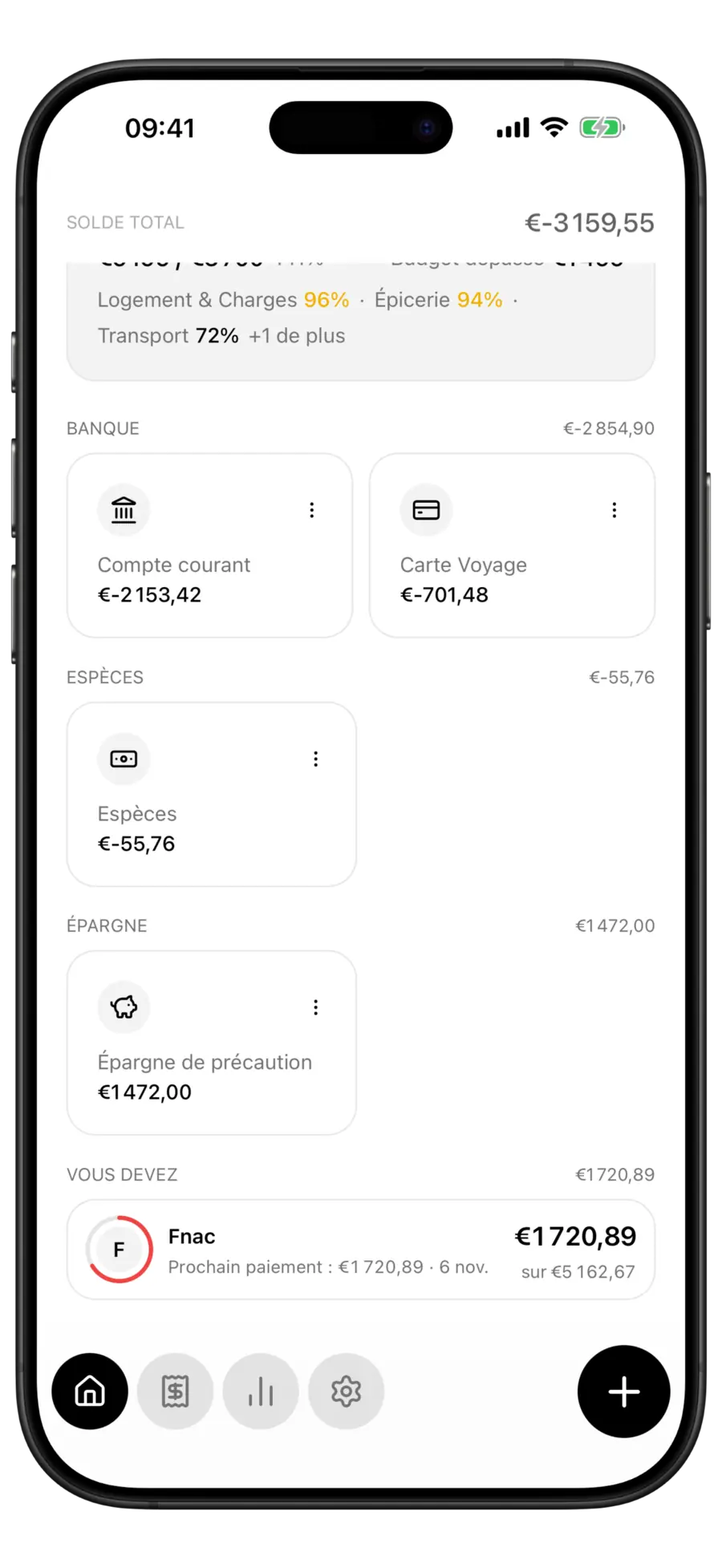 Écran d’accueil de Budgie avec un plan de paiement sous Vous devez et la prochaine échéance