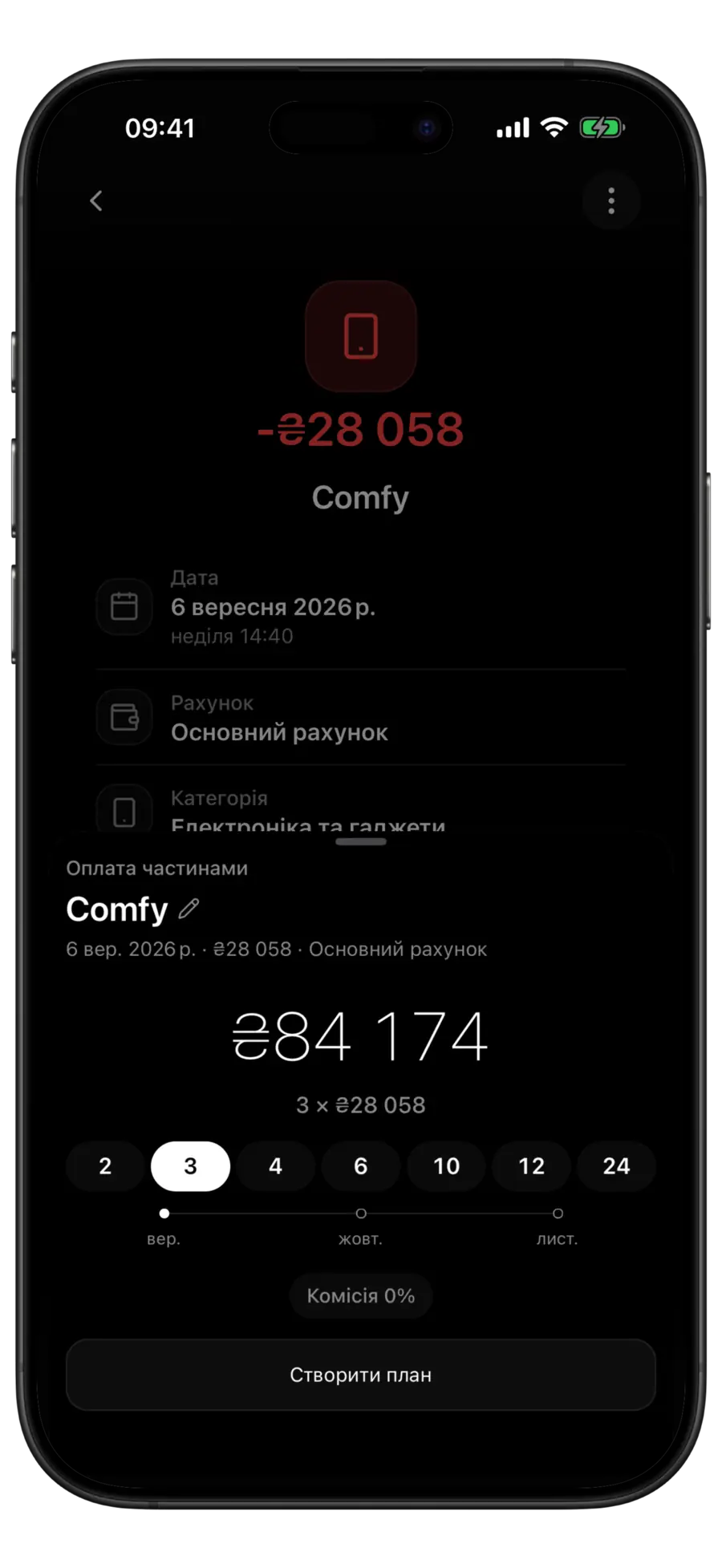 Вікно «Оплата частинами» в Budgie: вибрано три платежі, загальна сума плану й шкала платежів