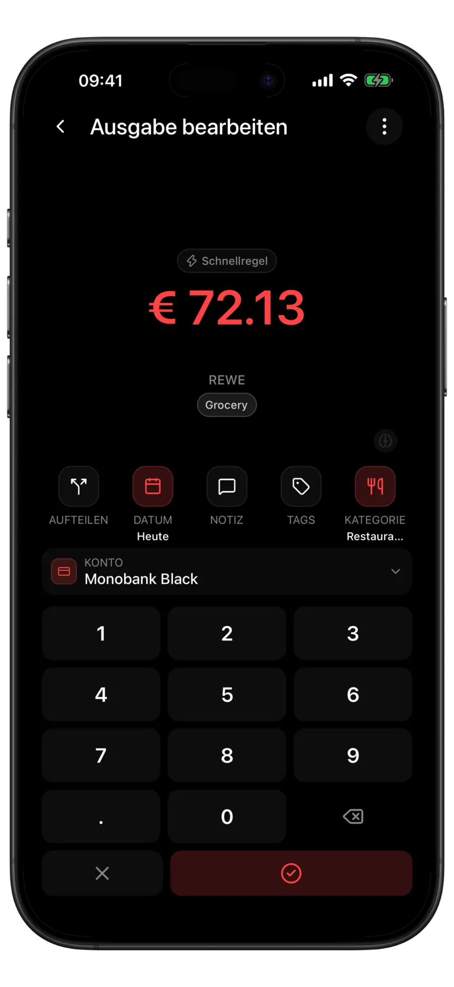 Budgie-Ausgabenformular für eine Silpo-Transaktion über 78,4 $ mit einem Schnellregel-Hinweis über dem Betrag und der Kategorie „Restaurants“
