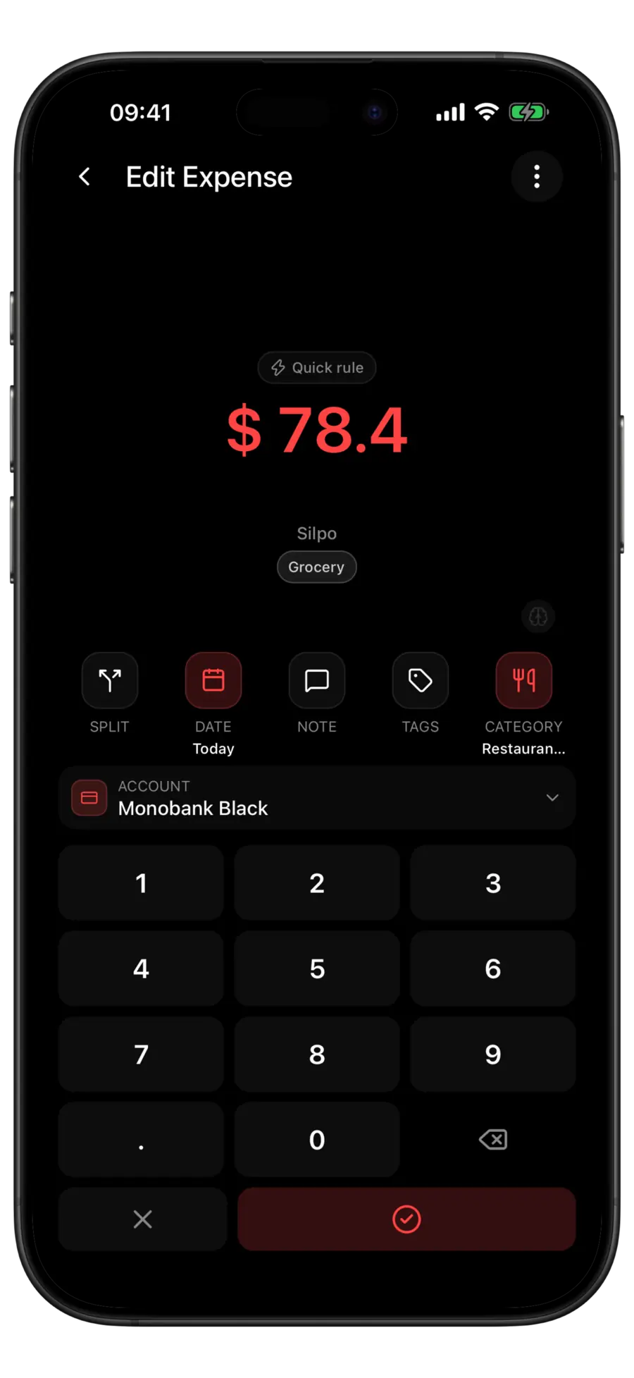Budgie expense form for a $78.4 Silpo transaction with a Quick rule pill above the amount and Restaurants set as the category