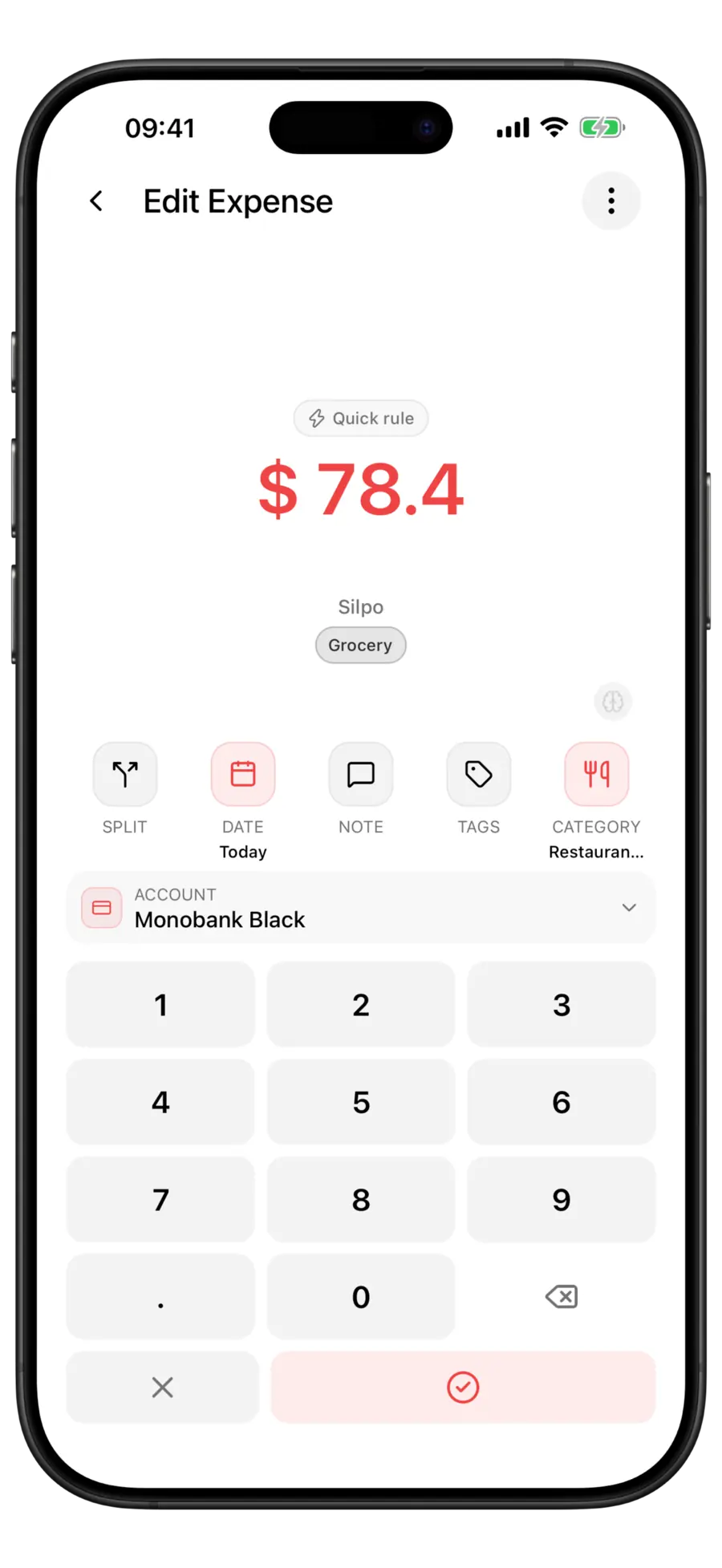 Budgie expense form for a $78.4 Silpo transaction with a Quick rule pill above the amount and Restaurants set as the category