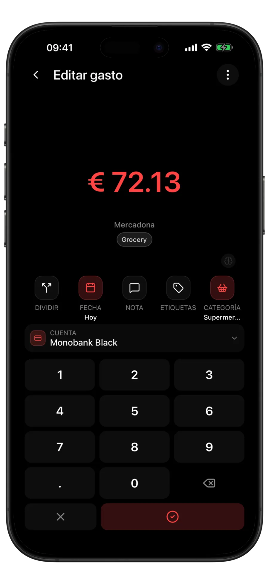 Pantalla de Budgie para editar un gasto con el comercio Silpo reconocido y la categoría Alimentación ya rellenada