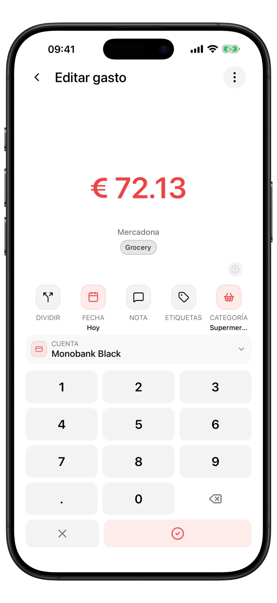 Pantalla de Budgie para editar un gasto con el comercio Silpo reconocido y la categoría Alimentación ya rellenada