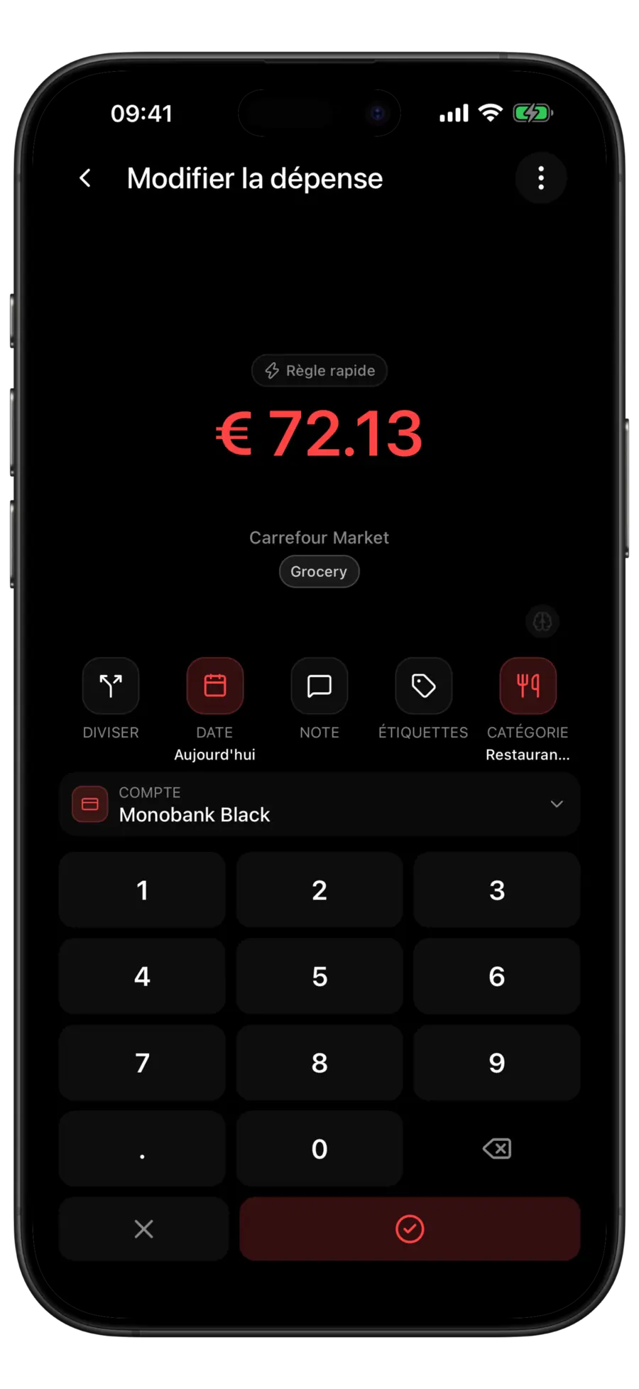 Formulaire de dépense Budgie pour une transaction Silpo de 78,4 $ avec une pastille Quick rule au-dessus du montant et la catégorie Restaurants