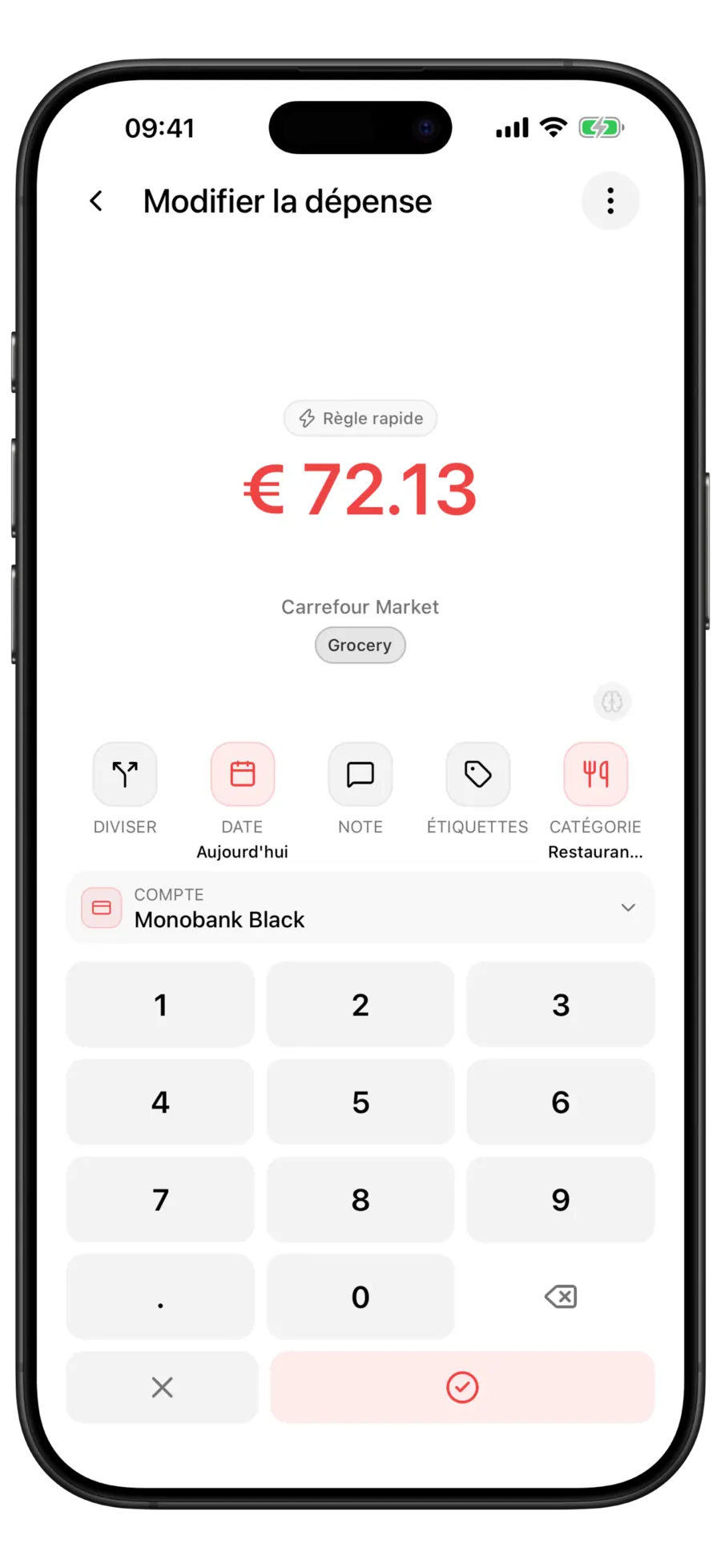 Formulaire de dépense Budgie pour une transaction Silpo de 78,4 $ avec une pastille Quick rule au-dessus du montant et la catégorie Restaurants