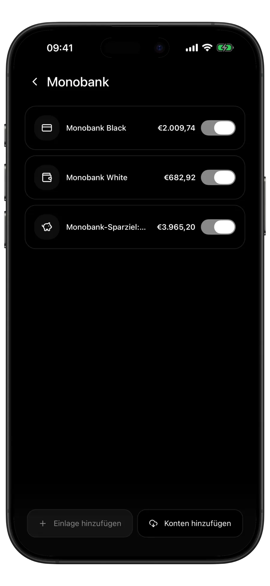 Budgie-Monobank-Bildschirm mit zwei Karten und einer Auto-Sparbüchse samt Salden