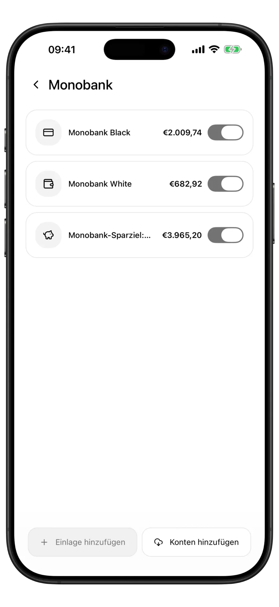Budgie-Monobank-Bildschirm mit zwei Karten und einer Auto-Sparbüchse samt Salden