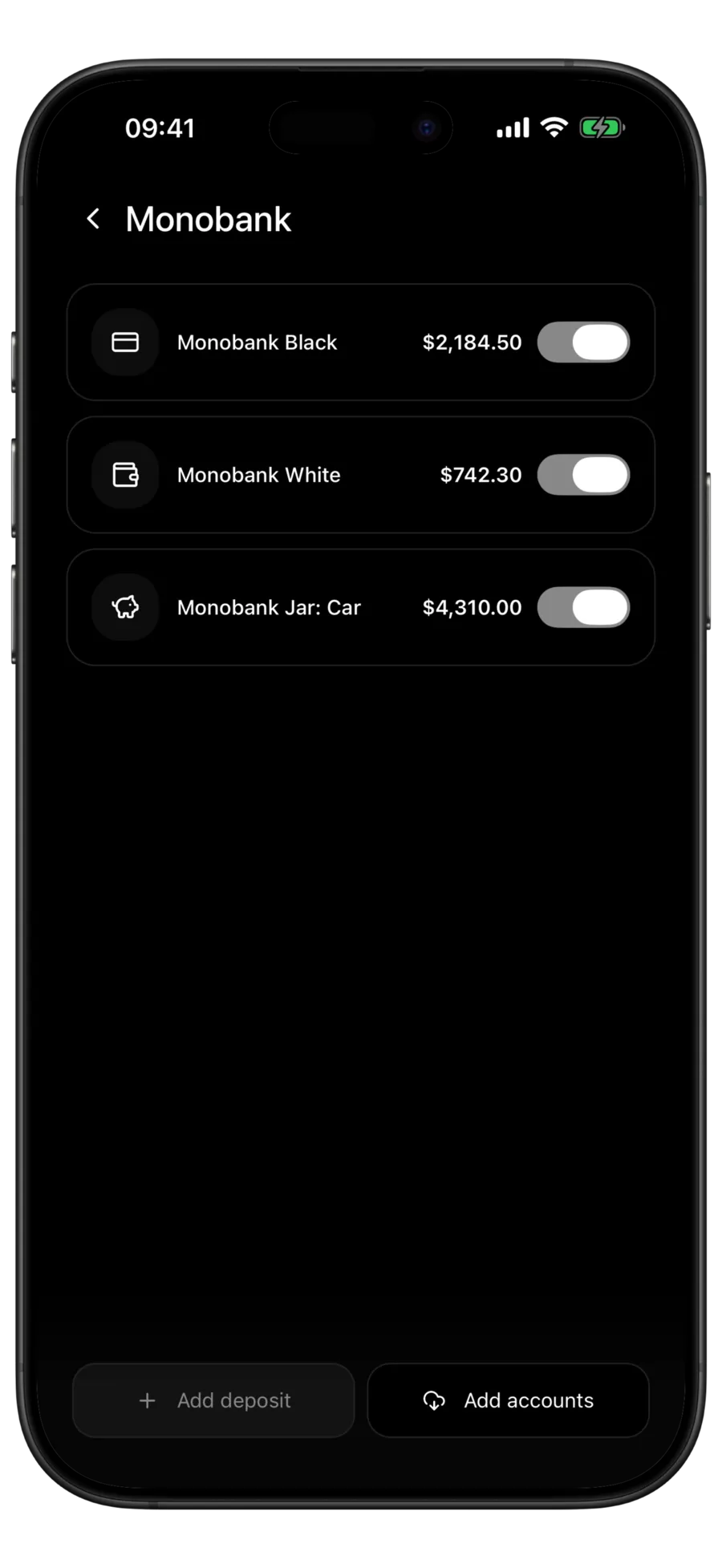Budgie Monobank screen listing two cards and a car jar with their balances