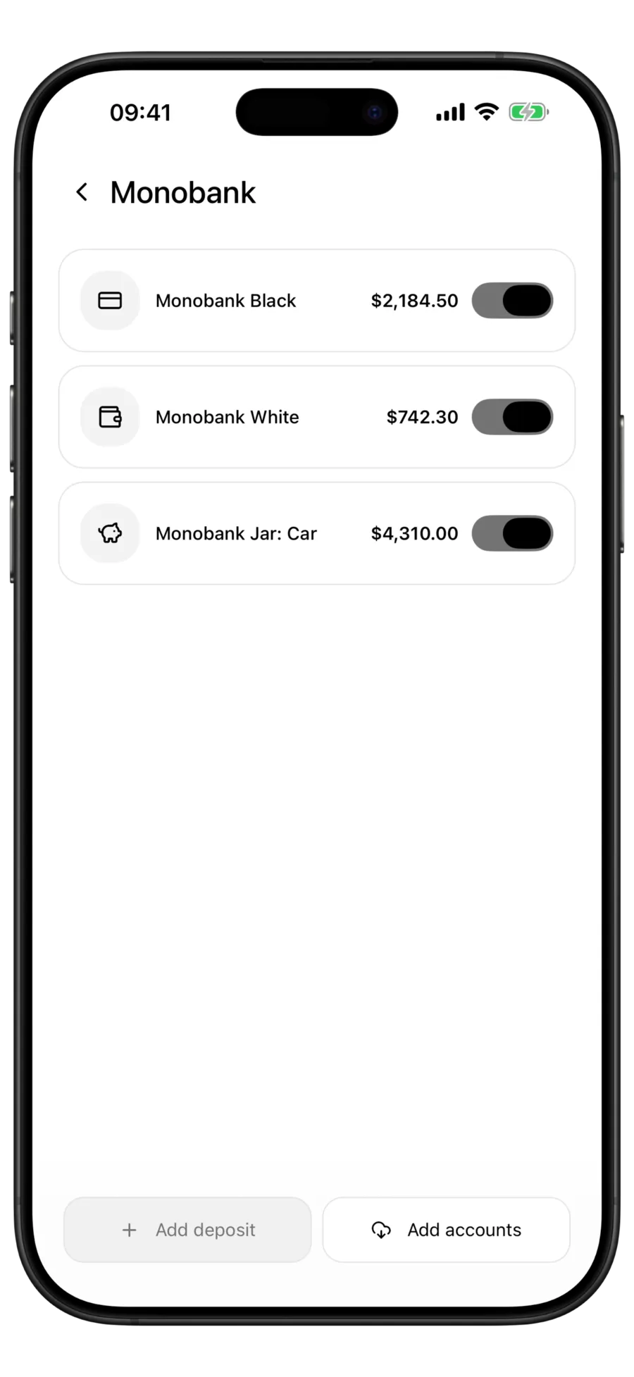 Budgie Monobank screen listing two cards and a car jar with their balances